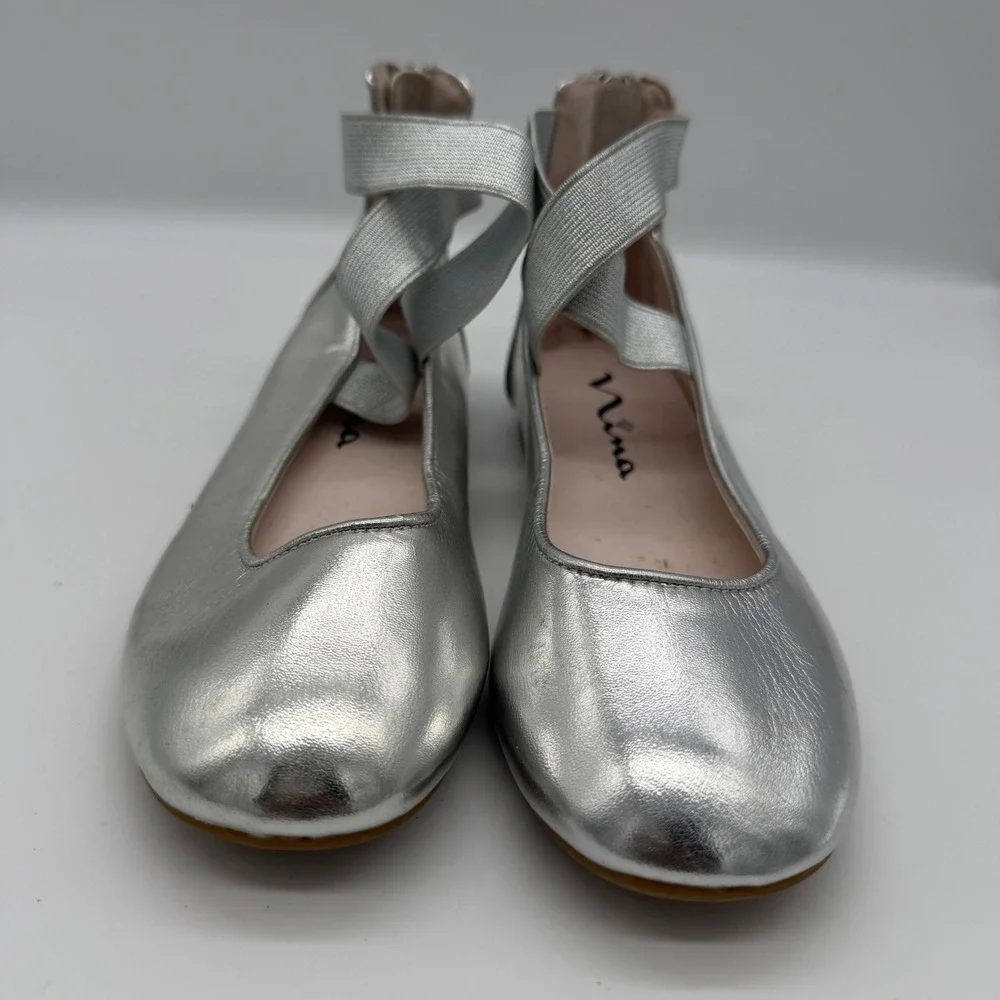 Nina Kids Silver Metallic Ballet Flats Elastic Ankle Straps Size 1M C205737